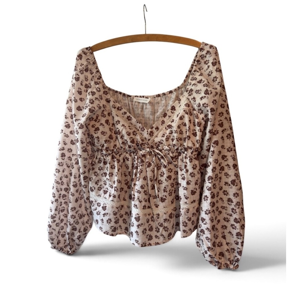 Altard State Peasant Top Womens Size M Brown Floral Long Sleeve Baby Doll BowTie